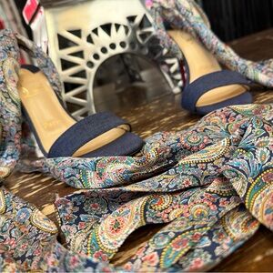 Christian Louboutin Denim & Paisley Silk Tie Ankle Wrap Sandals Heels
